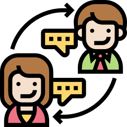 Engage with your followers! one boy and one girl is talk wach other and only messaging logo is insert to each others ad two arrow is insert around it